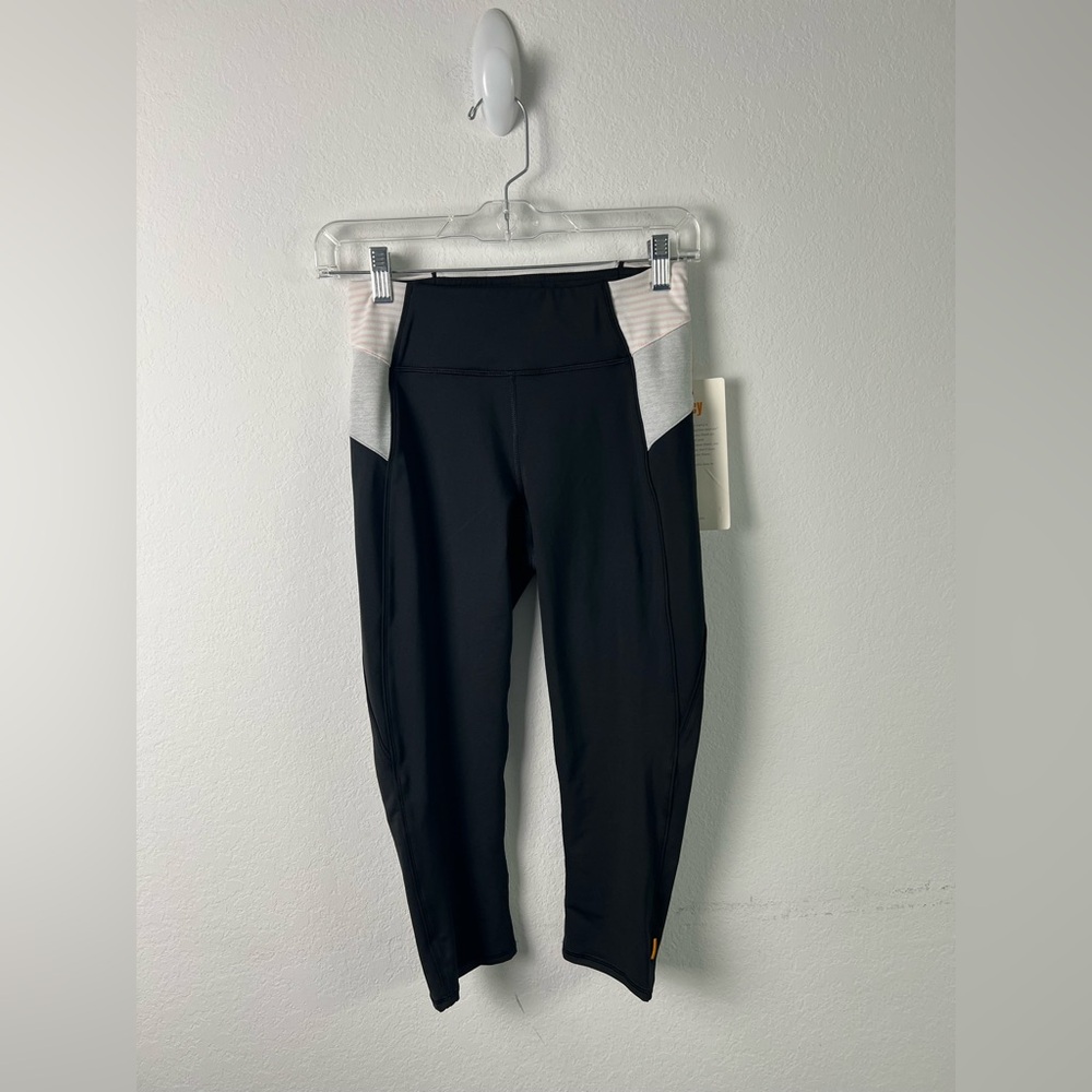 Lucy My Happy Pace Black Gray with Pink & White Stripes Capri Workout Legging